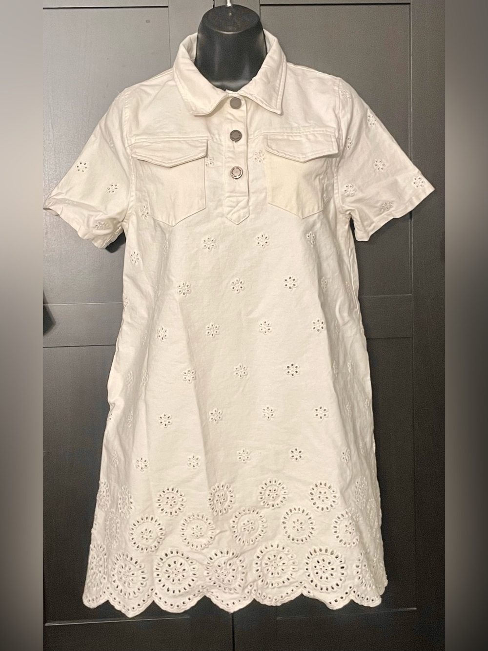 En Saison ~ Designer White Eyelet Polo Denim Button Down Mini Dress - S - Picture 6 of 14